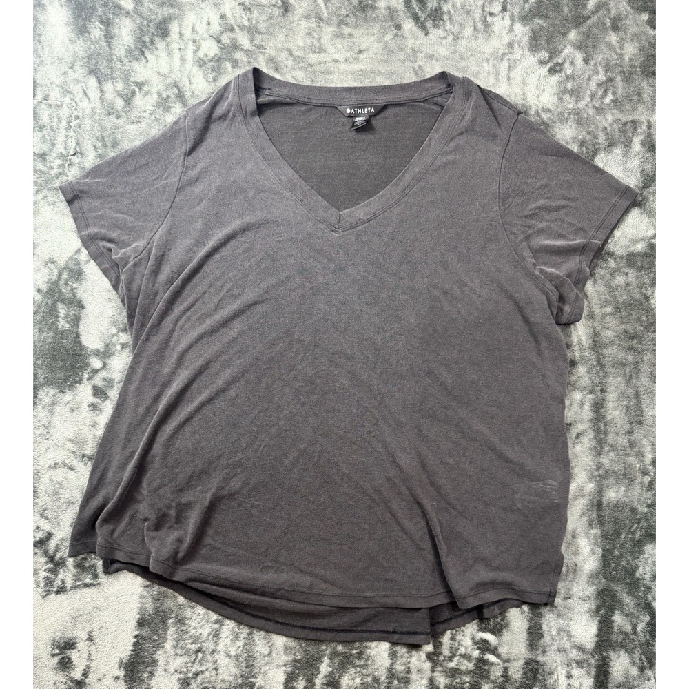Athleta Women's 2X V Neck T Shirt Gray Tencel Modal Relaxed Fit Hi Low Hem Sheer